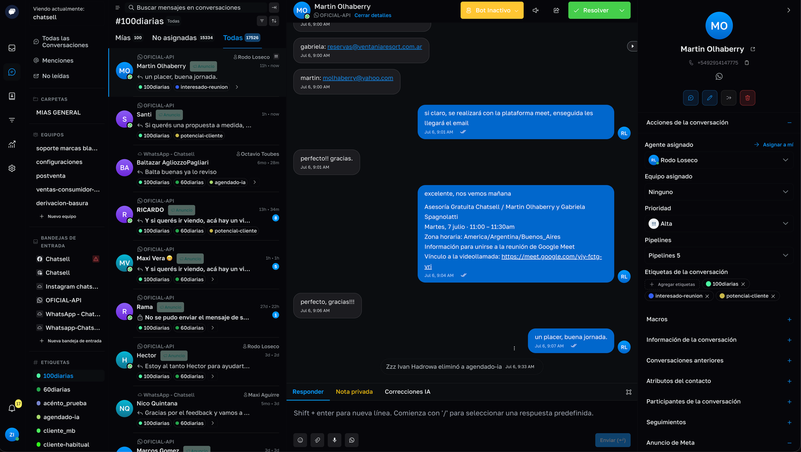 CRM de Chatsell: bandeja unificada de WhatsApp, Instagram y Facebook con etiquetado inteligente, derivación por equipos, pipelines de venta y Meta Conversions API