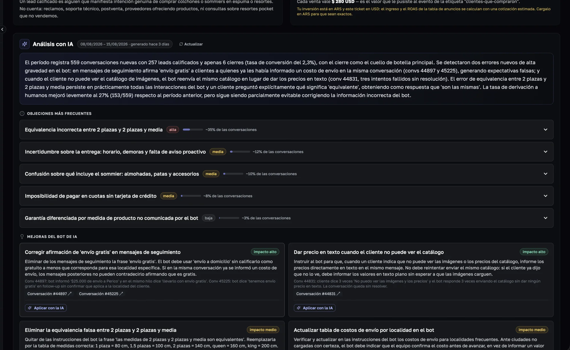 Análisis con IA de Chatsell: resumen del período, objeciones más frecuentes y mejoras sugeridas del bot con botón Aplicar con la IA