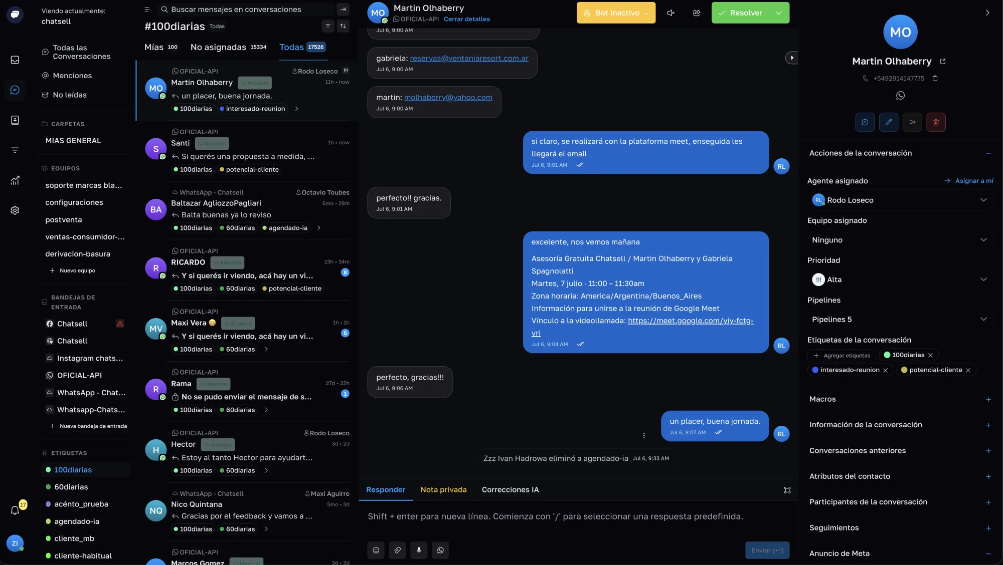 CRM de Chatsell: bandeja unificada con etiquetas, equipos, pipelines y seguimientos