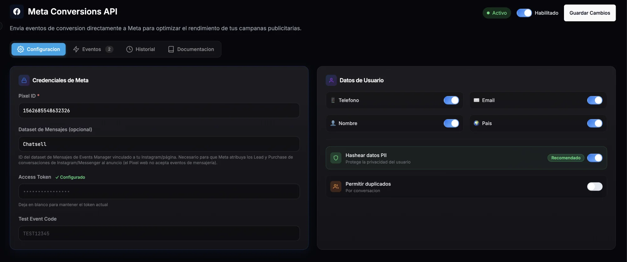 Configuración de Meta Conversions API en Chatsell: pixel, dataset de mensajes, datos de usuario y hasheo de PII