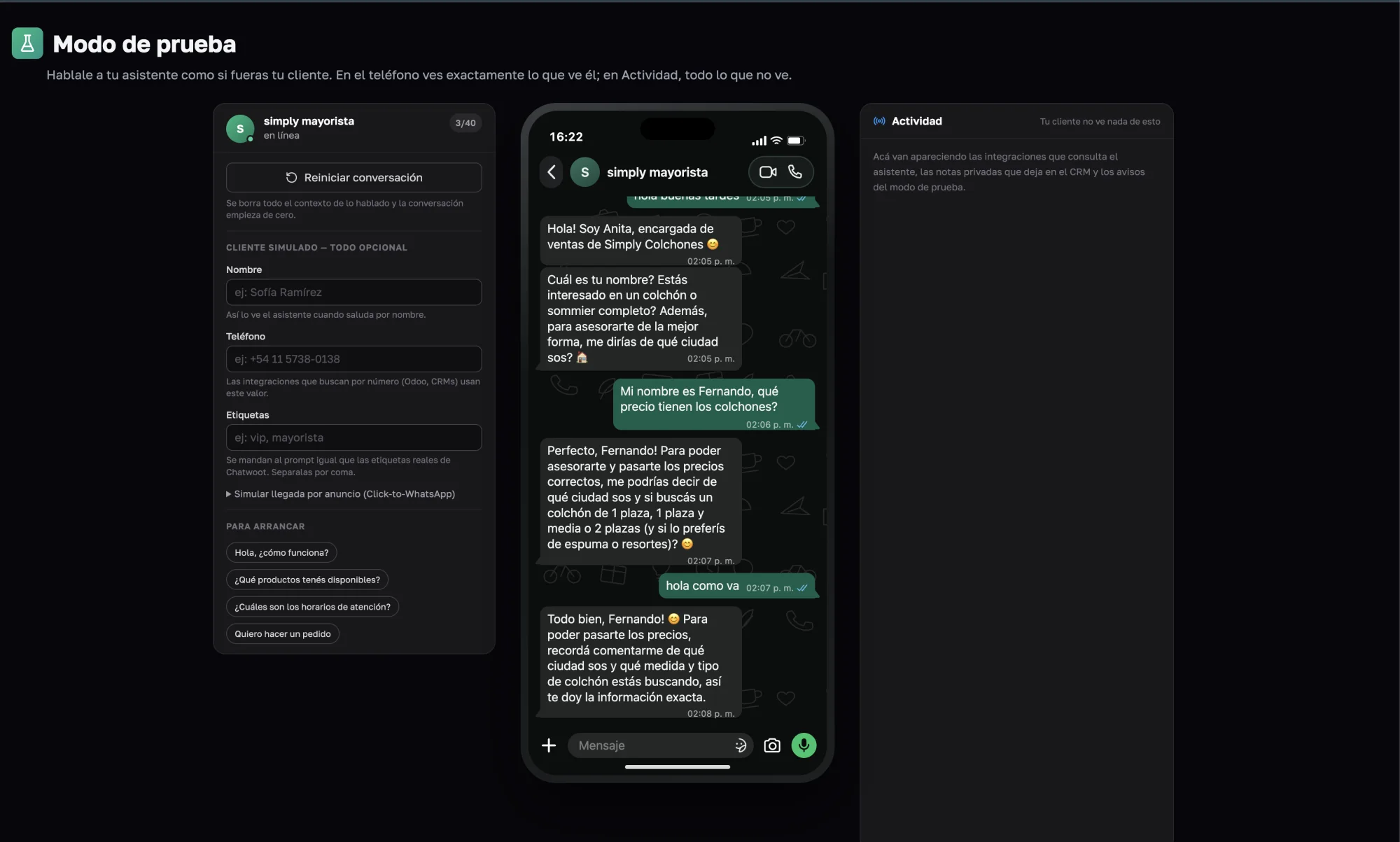 Modo de prueba de Chatsell: teléfono simulado conversando con el asistente y panel de actividad